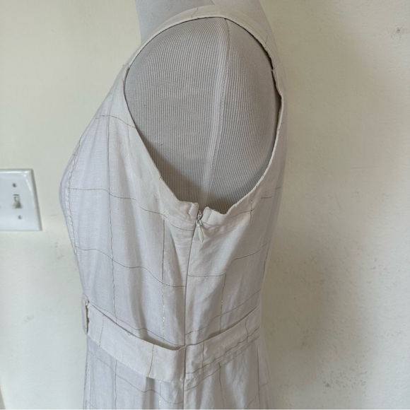 Liz Claiborne Summer White Plaid Metallic Gold Linen Blend Belted Dress Size 4 - Picture 10 of 13
